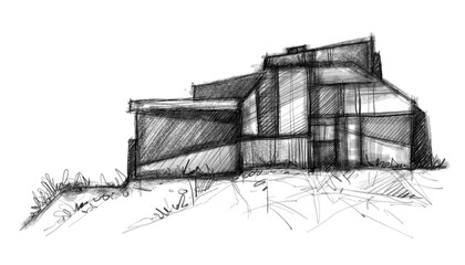 Architecture sketch of building, hand drawn architectectural sketch © Cubitron