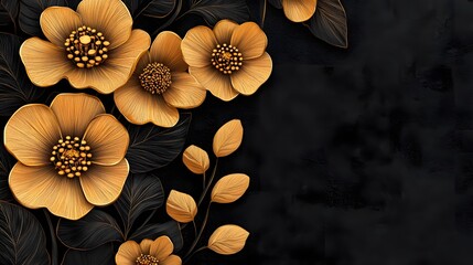 Exquisite Golden Flowers Blooming on Velvety Black Background with Elegant Detailing