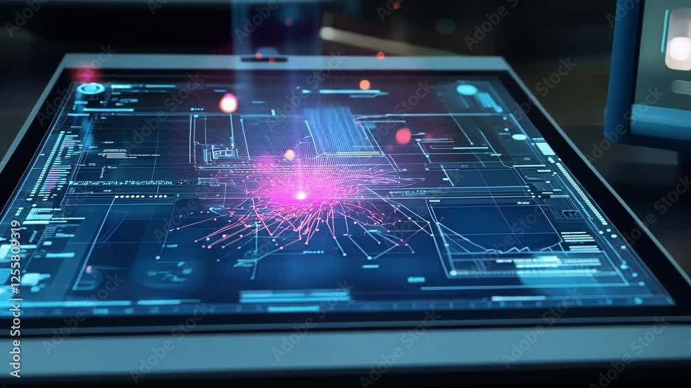 Poster futuristic transparent tablet device displaying a complex network growing with data processing and c