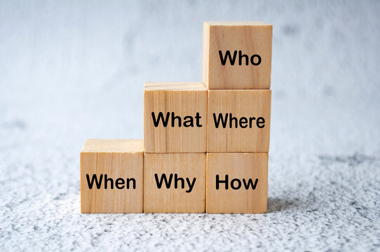 Who, What, Where, When, Why and How text on stacking wooden cubes. Fact finding concept