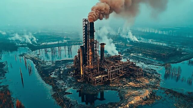 Up high drone like view of heavily polluted industrial complex emits thick smoke, surrounded by a devastated landscape of dead trees and toxic water. Concept of environmental destruction, climate cris