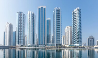 Obraz premium Modern skyscrapers reflected in calm water, urban waterfront development