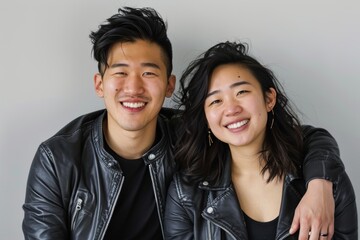 Portrait of a cheerful asian couple in their 20s sporting a classic leather jacket on minimalist or empty room background