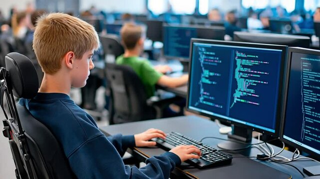 A young boy focused on programming in a modern computer lab, surrounded by multiple monitors displaying code. Concept of technology education, coding skills, and digital learning.