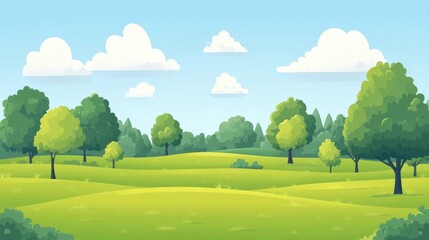 Lush, green landscape with trees and clouds under a bright sky, perfect for nature-themed projects.