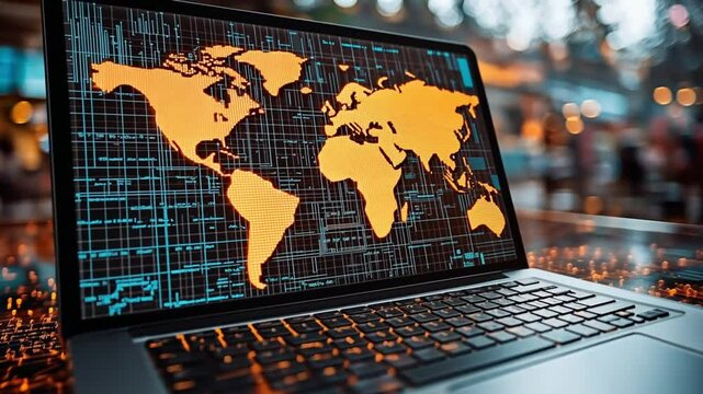 A laptop with a glowing world map projection symbolizing digital globalization and worldwide information networks. Concept of big data, international communication, and technological advancement.