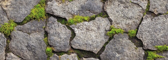 Weathered stone surface with cracks and moss plant composition background