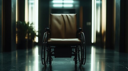 Naklejka premium The image presents an empty wheelchair illuminated by modern lighting, evoking feelings of absence, solitude, and contemplation in a tranquil setting.