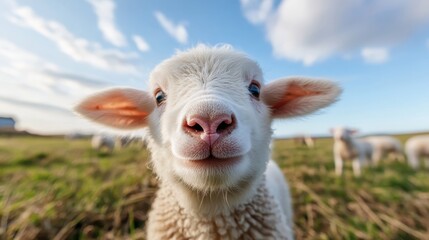 Obraz premium This image showcases a close-up of a cute lamb with bright eyes and soft wool, perfectly capturing the innocence and charm of farm life amidst a picturesque landscape.