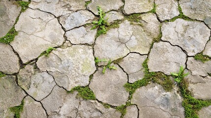 Obraz premium Weathered stone surface with cracks and moss plant composition background