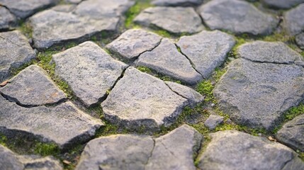 Weathered stone surface with cracks and moss plant composition background