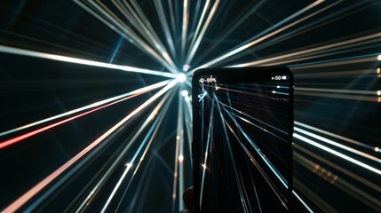 Obraz premium A striking image of a smartphone in a futuristic setting surrounded by vibrant laser beams, representing technological innovation and energy. AI generated.