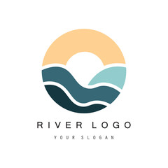 Logos of rivers, creeks, riverbanks and streams. River logo with combination of mountains, farmland, sunrise with vector concept design.
