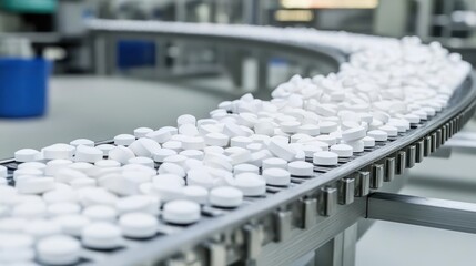 Obraz premium White Pills On Conveyor Belt In Modern Pharmaceutical Factory