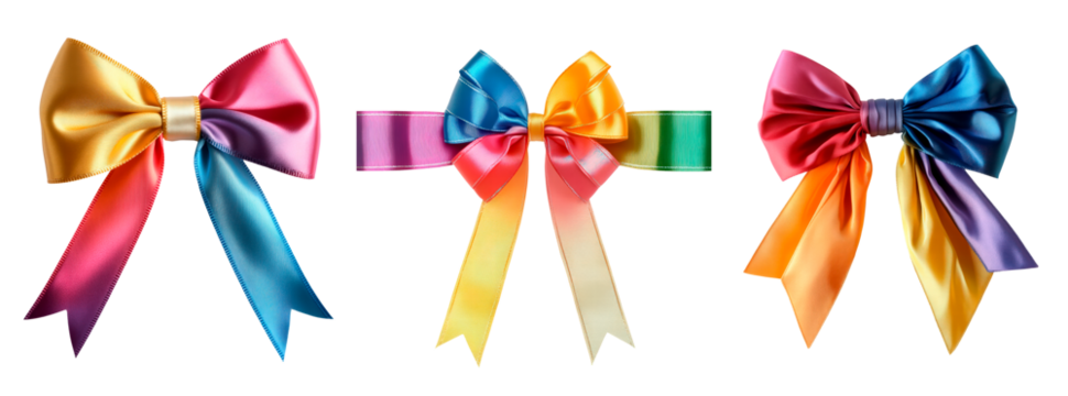 Set of ribbon bow in rainbow color isolated on transparent background