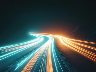 Futuristic Highway at Night with Neon Light Trails and Motion Blur