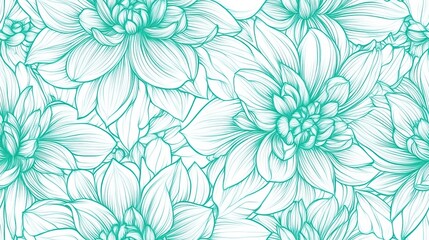 Seamless pattern with teal line art of dahlia flowers, line drawing