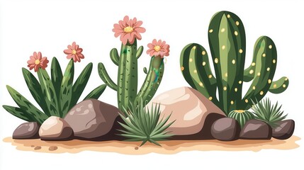 a vibrant cactus vector, nature element, flat design, green with pink flowers, isolated on white background