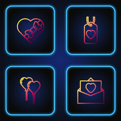 Set line Envelope with Valentine heart, Balloons form of, Candy shaped box and Heart tag. Gradient color icons. Vector