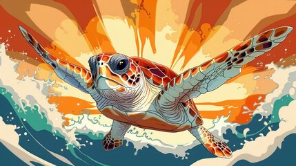 Naklejka premium A vibrant illustration of a turtle swimming through waves against a colorful sunset backdrop.