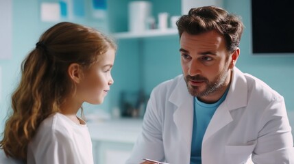 Fototapeta premium Caring Doctor Explaining Diagnosis to a Young Patient in Clinic