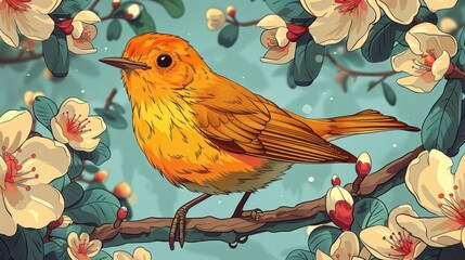 A vibrant orange bird perched on a branch surrounded by blooming flowers.