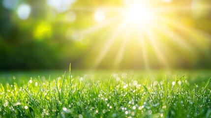 Obraz premium Sunlit Dewy Green Grass Meadow