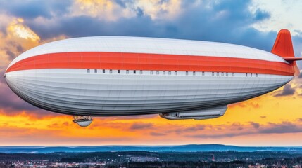 Fototapeta premium Airship Floating Above a Colorful Sunset Sky with Striking Clouds and Vibrant Colors