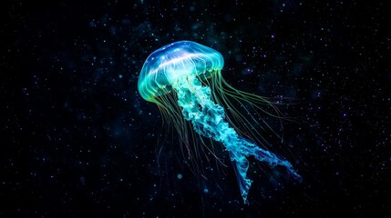 Glowing Jellyfish Floating in Dark Deep Ocean Water with Soft Blue and Green Light Emitting from Its Body, Marine Life and Natural Wonders of Underwater Ecosystems