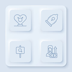 Set line Gender, Condom, Feminist activist and Money growth woman. White square button. Vector