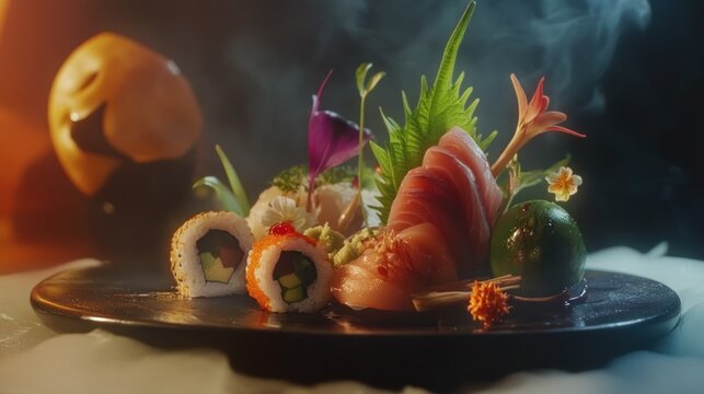 Exquisite Sushi and Sashimi Platter with Artistic Floral Garnishes