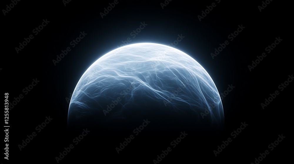 Poster a glowing planet emerges from darkness, showcasing ethereal swirls and a mysterious atmosphere, evok