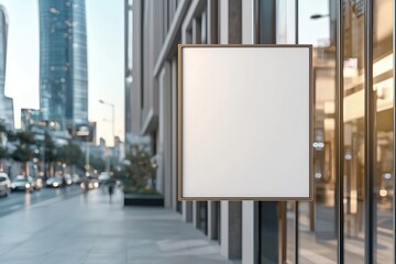 A blank square sign hanging from a modern building with a blurred street in the background, day time