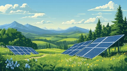 Scenic landscape featuring solar panels amid lush greenery and mountains in the background.