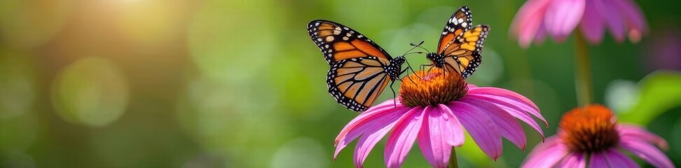Obraz premium Two monarch butterflies nectaring on vibrant purple coneflowers , monarch butterfly, macro photography, insect