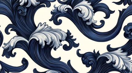 Elegant Blue and White Floral Pattern with Flowing Curves and Swirls