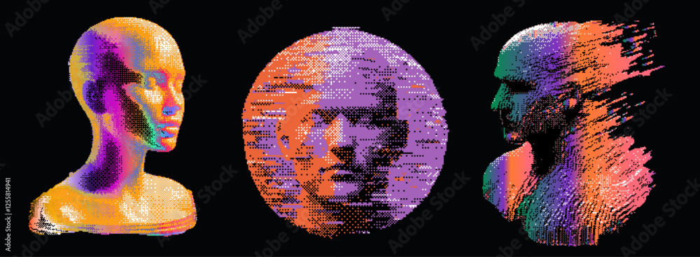 Poster vibrant vector illustration featuring three abstract, multicolored human heads on a black background