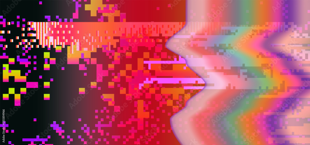 Aufkleber vector illustration featuring a vibrant glitchy, abstract digital distortion with waves of pink, pur