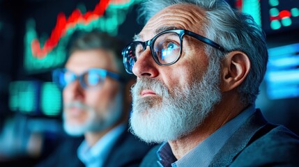 Senior investors analyzing market trends with focused expressions in a modern trading environment.