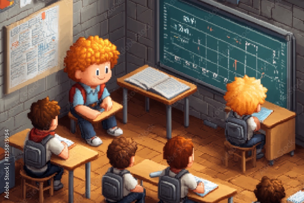 Poster A pixelated 8-bit primary school scene with tiny students sitting at their desks and a smiling teacher