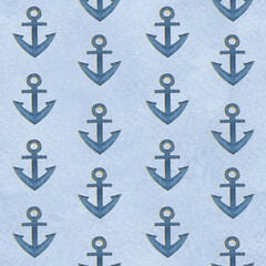 Anchor blue watercolor seamless pattern on blue background. Hand painted art perfect for cards, wrapping paper, packaging, tickets, stationary tourism, travel, voyage design. Monochromatic clip art