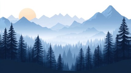 Obraz premium Serene mountain landscape with pine trees, layered peaks, and a sunrise in the background, perfect for nature themes.
