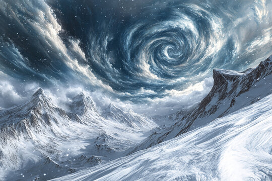 A storm rolling over snow-covered peaks, swirling clouds and flurries creating a dramatic winter landscape, icy winds howling.