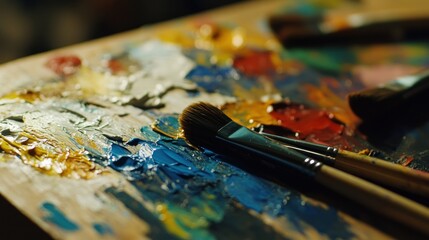 Fototapeta premium Close-up of paintbrushes and vibrant oil paints on a wooden palette