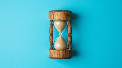 An elegant hourglass stands prominently against a bright blue background, showcasing the steady flow of sand inside. This striking contrast draws attention to the passage of time in a serene manner