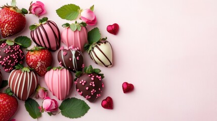 A romantic flat lay of Valentine chocolate strawberries with elegant pink and red decorations, set against a soft-focus background.