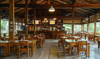 Rustic jungle restaurant interior with wooden tables, chairs, bar, and forest view