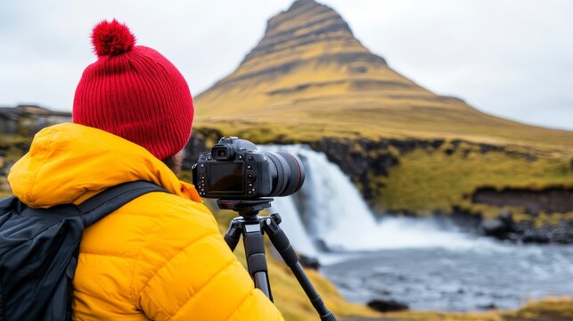 Photographer in Yellow Jacket Captures Scenic Landscape with Waterfall and Mountain