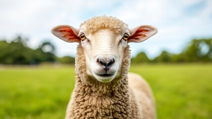 Obraz premium Cute and fluffy sheep standing in a green pasture under a clear blue sky