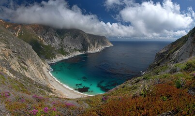 Secluded cove with turquoise water, wildflowers, and dramatic cliffs under a cloudy sky